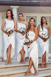Viola |White One Shoulder Satin Bridesmaid Dresses Mermaid Long Asymmetrical - White - PromDressClub